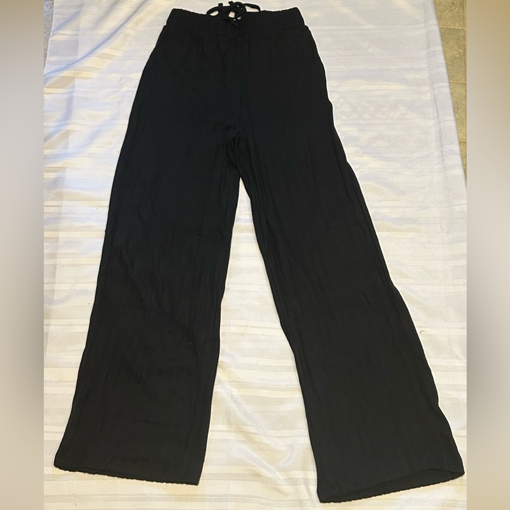 💥 Frenchy Solid Tie Front Ribbed Knit Baggy Grain Fabric Pants Winter Chic Black - Picture 2 of 15